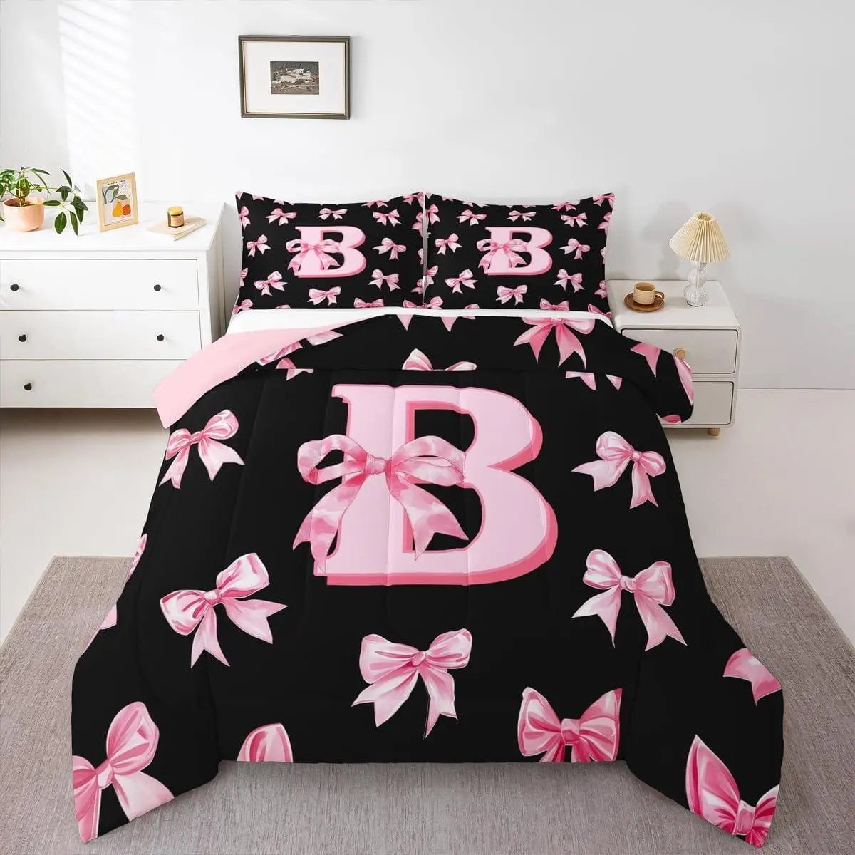Initial Alphabet B Bedding Set Personalized Monogrammed Bow Comforter Set,Cute Coquette Letter Bowknot Comforter Pink Kawaii Bed Set
