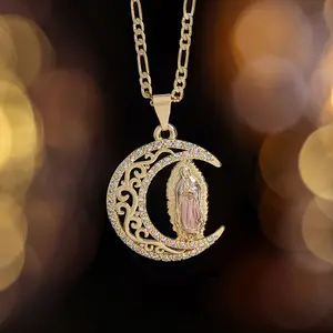 18k Gold-Plated Moon Hollow Necklace Virgin Mary Death Religious Pendant Unisex Necklace
