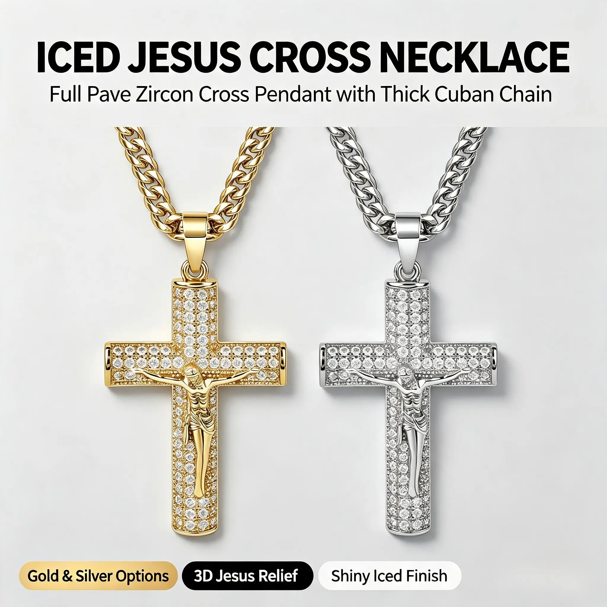 Unisex Iced Out Cross Necklace - Long Length Cross Motif Double Layered Chain with Rhinestone Pendant, Auspicious Use Fashion Costume Jewelry Accessory