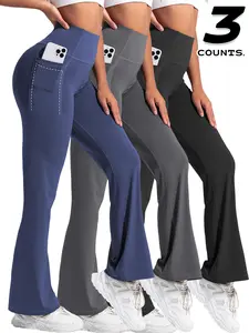 Women's Solid Color High Waist Stretchy Flare Leg Pants, Casual Comfy Pocket Design Bell Bottom Trousers for Yoga Gym Workout, Ladies Bottoms for All Seasons