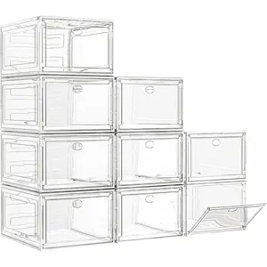 7 code Large Clear Shoe Boxes Organizer【Thicker Material】 Stronger Shoe Box with Magnetic Door, Stackable Shoe Storage Box for Closet, Foldable Space-Saving Storage Bins Shoe Cabinet, White 9 Pack