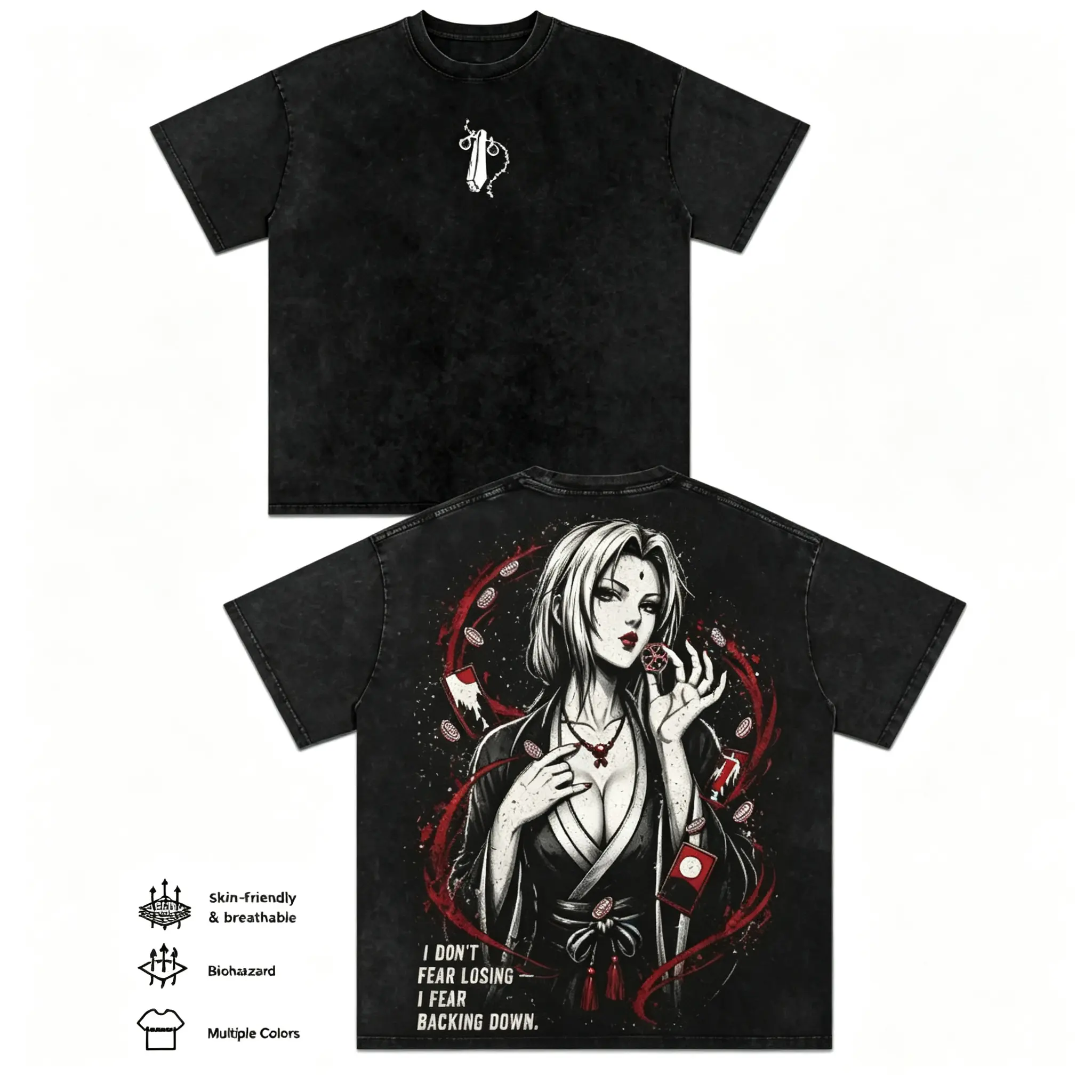 Men's Vintage Black Dark Aesthetic Tsunade T-Shirt - Oversized, Loose-Fit, Multi-Size, Baggy, Short-Sleeve, Round Neck, Soft Cotton, Gambler Anime Girl Quote Graphic, Edgy Retro Streetwear Menswear Top