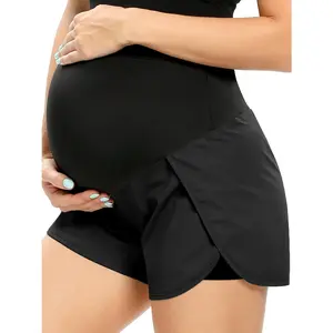 Women's Over-Belly Prenatal Maternity Workout Shorts, Buttery Soft Nylon Blend Plain Casual Fit Maternity Clothes with Zip Pocket, for Yoga, Running