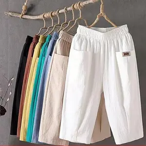 Cotton-linen Capri pants for women, summer loose fit, comfortable and breathable, elastic waistband, slim-fit harem pants, versatile casual pants, womenswear bottoms