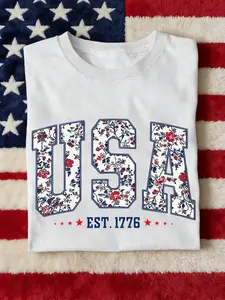 Women’s Usa Floral Graphic Tee, Summer Round Neck Short Sleeve, Patriotic Apparel, Fourth of July Polyester Casual Top