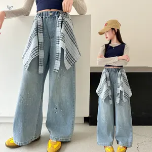 Girls' Jeans 2026 Spring New Style for Older Children, Paint-Splattered Wide-Leg Pants, Fashionable Slimming Straight-Leg Trousers teen girl outfit