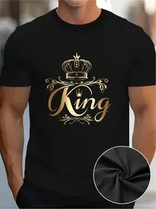 Crown Pattern Printed Men's T-shirt, Casual T-shirt, Short Sleeved Comfortable Pullover, Men's Summer Clothing-220g