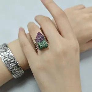 Timeless Retro Natural Crystal Ring - Green & Purple Gemstone Handcrafted Jewelry for Fashion-forward Women of All Ages
