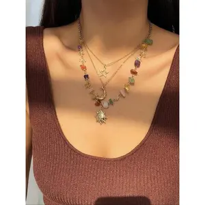 Women’s elegant artificial crystal & star triple moon pendant necklace; party fashion jewelry; complete and exquisite fashion jewelry gifts; autumn fashion necklace; unique necklace; women’s unique gift; personalized necklace — GARMENTARY