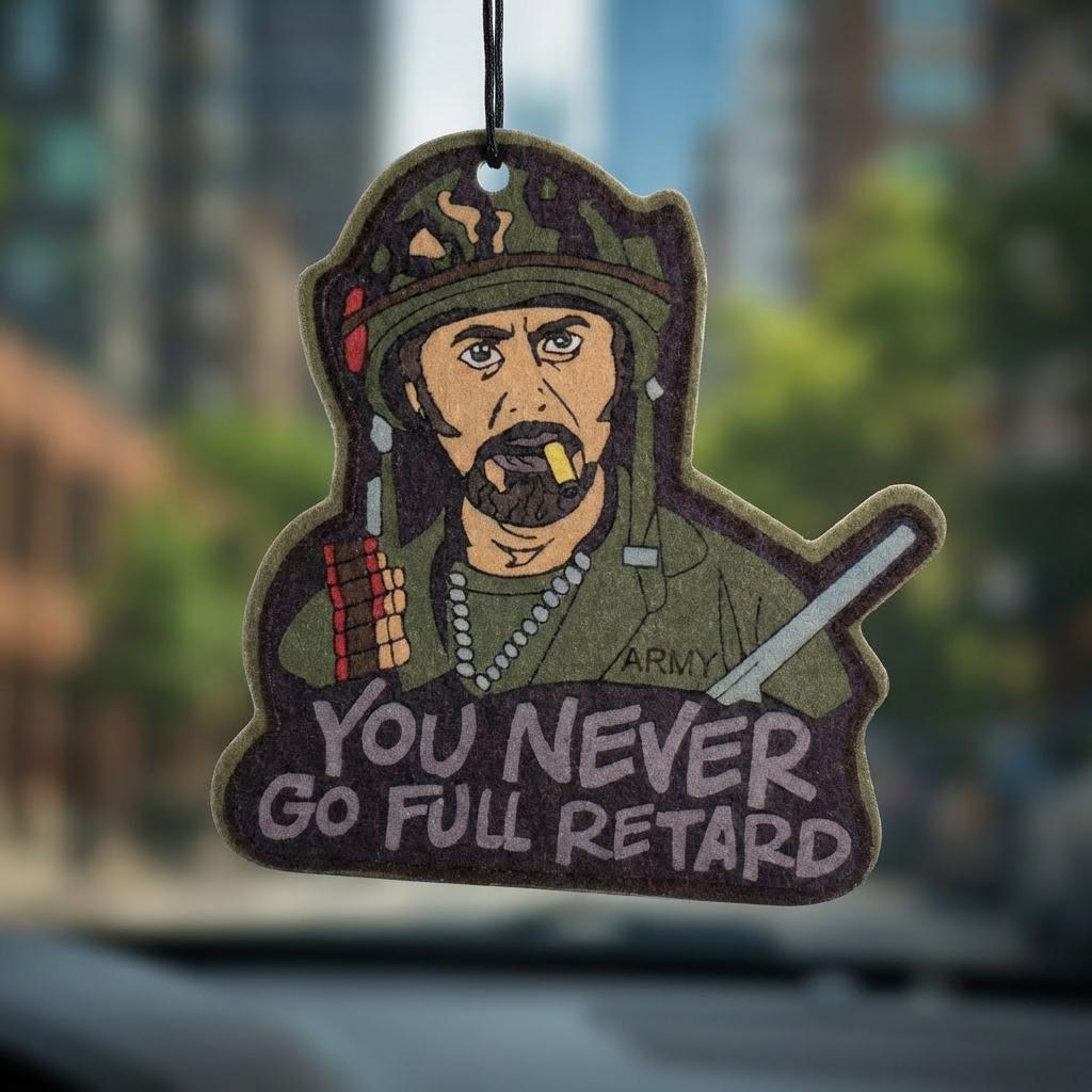 Novelty Car Air Freshener, Tropic Thunder "You Never Go Full Retard" Quote, Long Lasting Scent Pendant, Funny Military Man Cartoon Hanging Ornament for Car Interior Decor