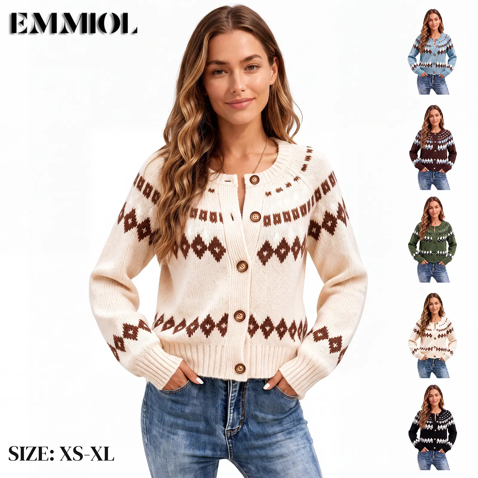 EMMIOL Womens Fair Isle Sweater Cropped Button Up Long Sleeve Cardigans Crewneck Knit Sweater Coats Fall Winter SohoChic