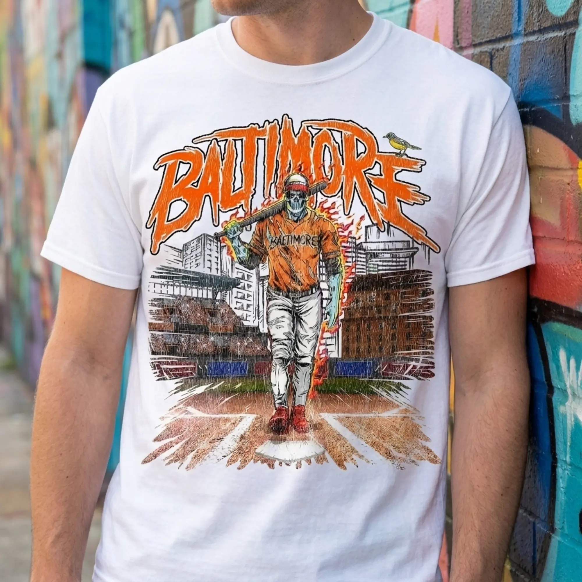 [Sale Up To 50%] Fire Skeleton Baltimore Baseball T-Shirt, Birds Mascot Baseball Shirt, Baltimore Baseball Game Day Graphic Tee, Orioles Baseball Fan Streetwear