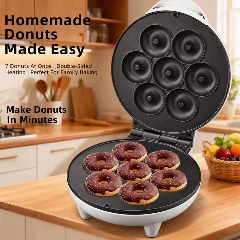 White Household Multifunctional Donut Maker, Double-Sided Heating with Temperature Lock, 3 Minutes to Make Cafe Style Donuts, Double-Sided Heating Donut Maker, Bakes 7 at a Time without Waiting, Mom's Savior