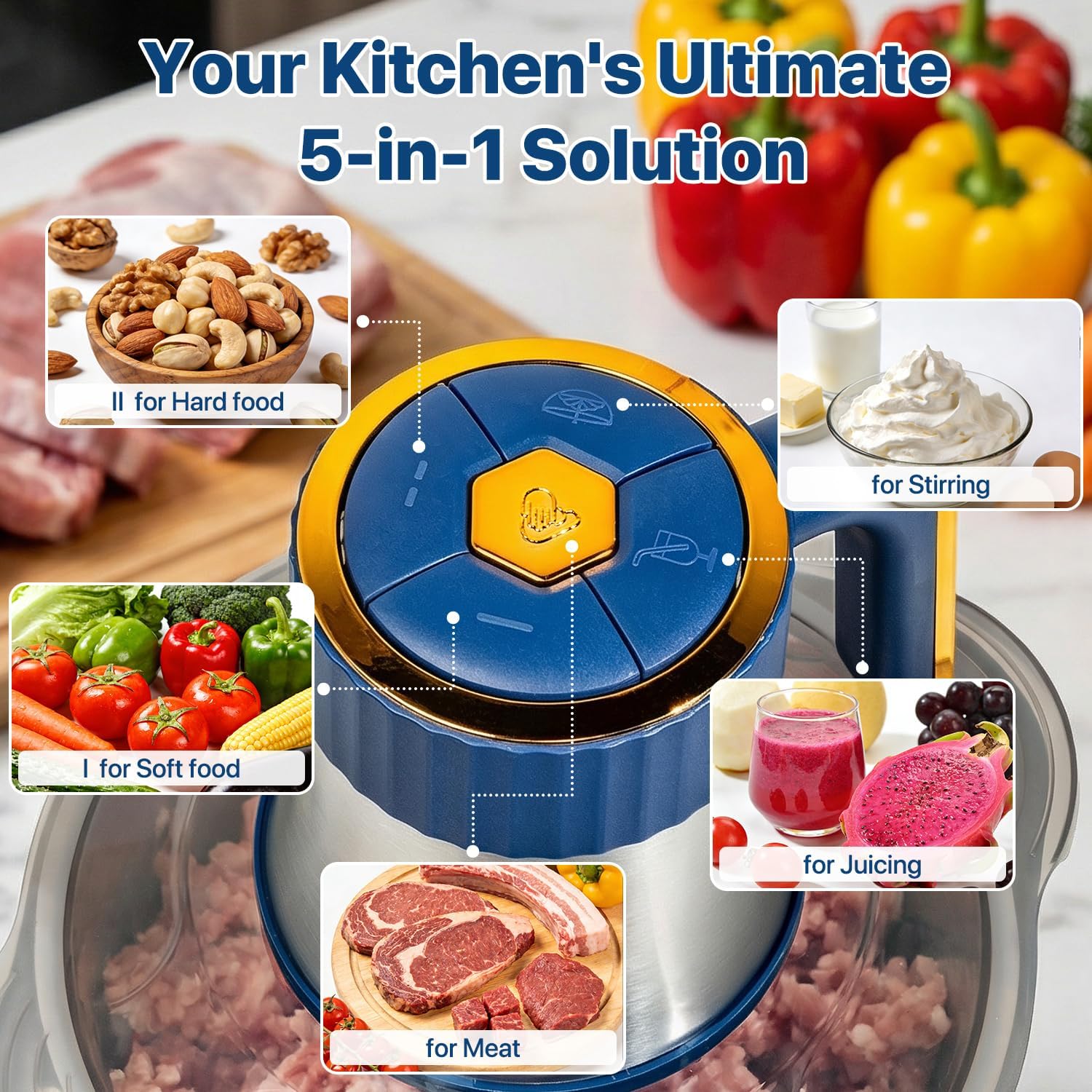 Stainless Steel Electric Meat Grinder, 5L Home Food Processor, Multifunctional Chopper Slicer