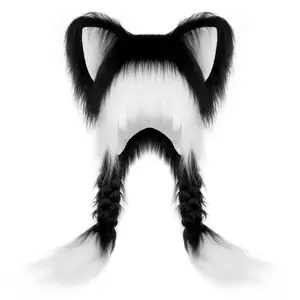 Y2K Cat Ears Hat Kawaii Long Plush Fox Ear Double Braid Fashion Versatile Anime Fall and Winter Cap Halloween Dress Up Headwears