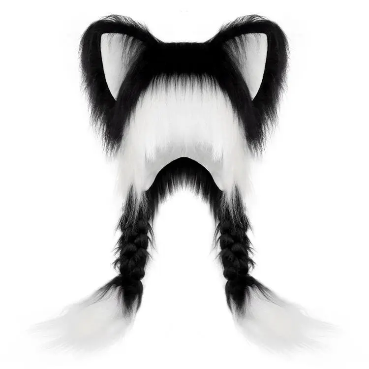 Y2K Cat Ears Hat Kawaii Long Plush Fox Ear Double Braid Fashion Versatile Anime Fall and Winter Cap Halloween Dress Up Headwears