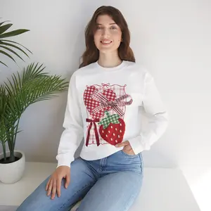 Strawberry Patch Heart Sweatshirt - Cozy Crew Sweatshirt with Collage-Style Graphic, Medium-Heavy 50/50 Cotton-Poly Fleece, Tubular Knit, Ribbed Collar, OEKO-TEX Certified - Fabric Soft