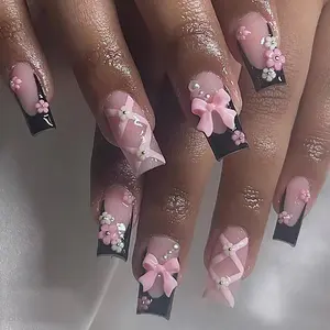 Colorblock 3D Bowtie Decor Press on Fake Nail, Rhinestone Bow Decorated, 24pcs/set Rhinestone Press on Nails & Jelly Tape & Nail File & Stick, Elegant Stick on Nails Kit, Nail Supplies, Diy Nail Kit, Nail Art Design, Nail Art Tool, Nail Art Kits