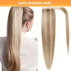 Human Hair Bundles Clip-On Wrap Around Ponytail Extension for Women - Human Hair Straight Highlight Ponytail with Golden Brown & Bleach Blonde Mix ( # 12P613) 75g-120g - Adds Volume & Dimension, Natural Look for All Ethnicities, Ponytail Hair Extensions