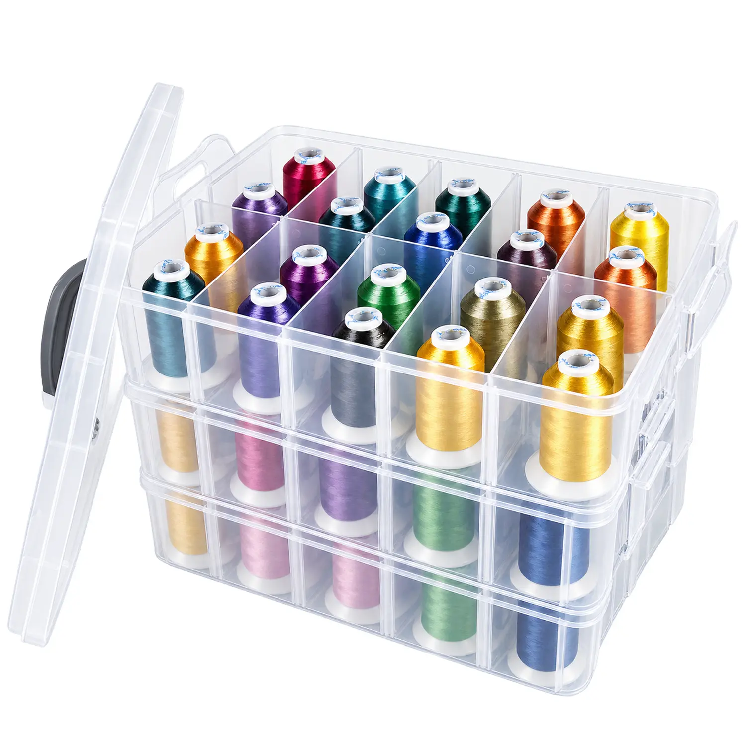 Simthread 63 Vibrant Colors Embroidery Thread Set, German Materials 40WT Colorfast High Tenacity, 550yd, 3-Layer Stack-Lock Organizer Stackable Plastic/Paper Box, Machine-Friendly DIY Needlework Kit for Home Decor & Most Embroidery Sewing Machines