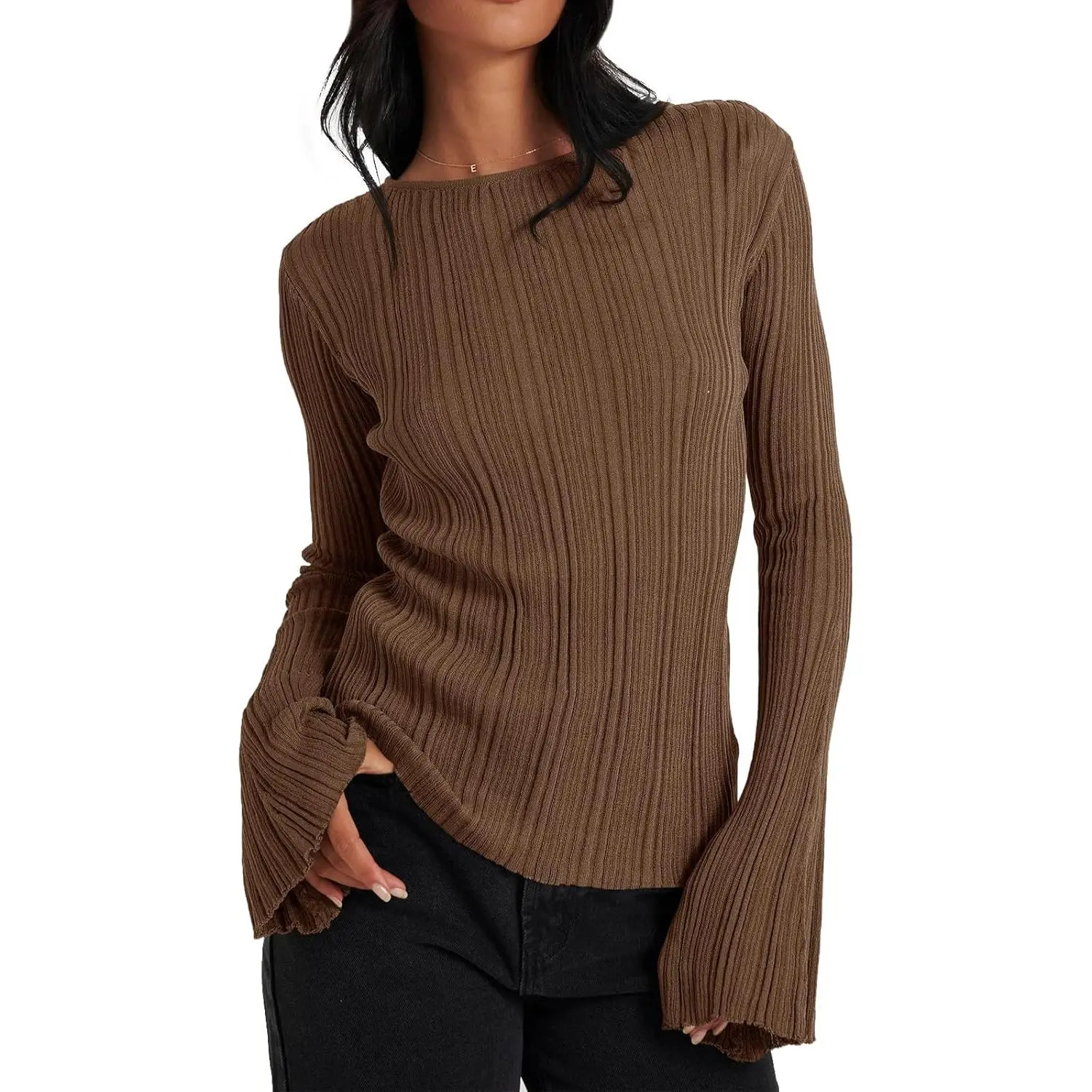 Imily Bela Womens Bell Long Sleeve Tops Going Out Knitted Pullover Sweater Fall Fashion Lightweight Winter Shirts