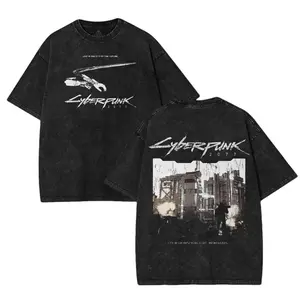 Cyberpunk 2077 City of Dreams Game Washed Tshirt 2 Sided Cotton Oversize unisex Black game merch graphic tee Fabric Menswear Tops clothing merch