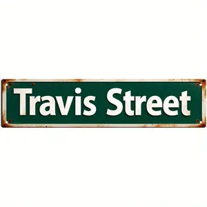 16x4 Inch Retro Travis Street Metal Tin Sign - Aluminum Wall Art with Vintage Green Background & White Lettering, Rustic Home Decor for Living Room, Bedroom, Halloween - Durable Wall-Mounted Gift Idea, Metal Wall Decor, Bedroom Decoration