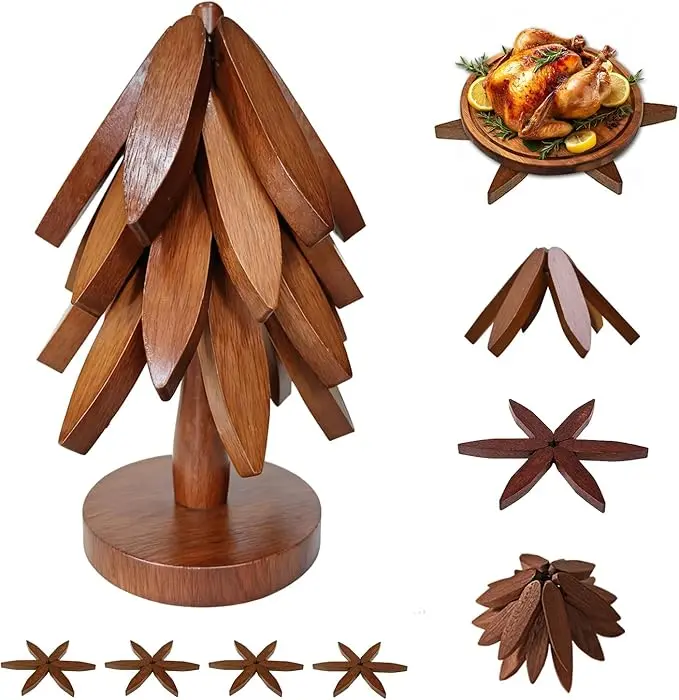 Wooden Trivet Set - 4 Tree-Shape Trivets with 1 Stand, Heat-Resistant Foldable Countertop Protector for Hot Dishes, Multi-Functional Coaster Tableware for Birthday Christmas Gifts