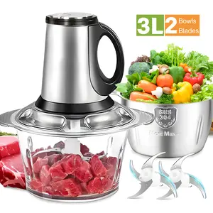 TOPAA Electric Chopper and Grinder with Dual Blades and Double Bowl Design, 3L Capacity for Meat, Vegetables, and Dough Prep