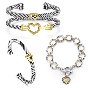 Aprilery Heart Accents Twisted Cable Cuff Bracelet Set – Mixed Metal Fashion Jewelry Love Bangle Collection