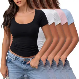 Women’s 5-pack U-neck cropped T-shirts, cotton slim-fit short-sleeve fitted base layer tops that flatter the collarbone and are versatile basic casual styles, suitable for travel and everyday wear.