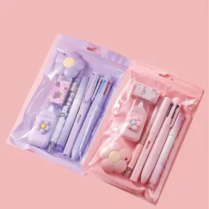7-piece stationery set in cute pink 、 purple—back-to-school supplies and office supplies for girls, boys, kids, and women; kawaii candy colors; stationery gift; includes a practice pen; suitable for everyday use; premium and thoughtful.