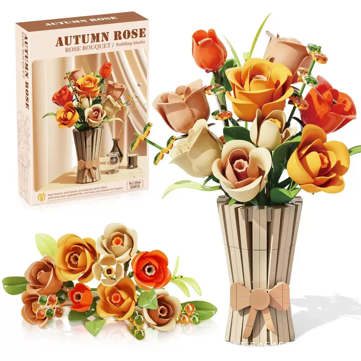 DIY Autumn Rose Flower Bouquet Building Set with Vase, Fall Floral Blocks for Decorative Desk Display, Relaxing Craft Gift for Her