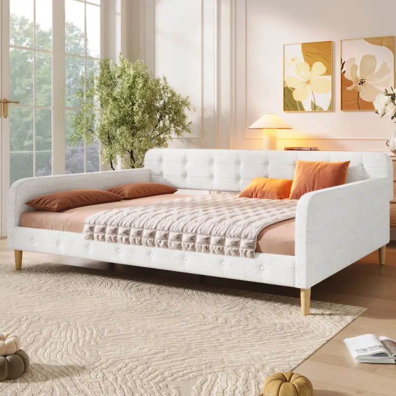 Contemporary Linen Queen Size Daybed - Pine & Linen Upholstery, 81'' x 61'' Solid Wood Frame with 4 Support Legs, No Assembly/Box Spring Needed, Multi-Use Indoor Sofa for Living Room