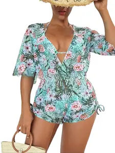 Women's 3 Piece Bikini Swimsuit Halter Drawstring Bathing Suit with Cover Up