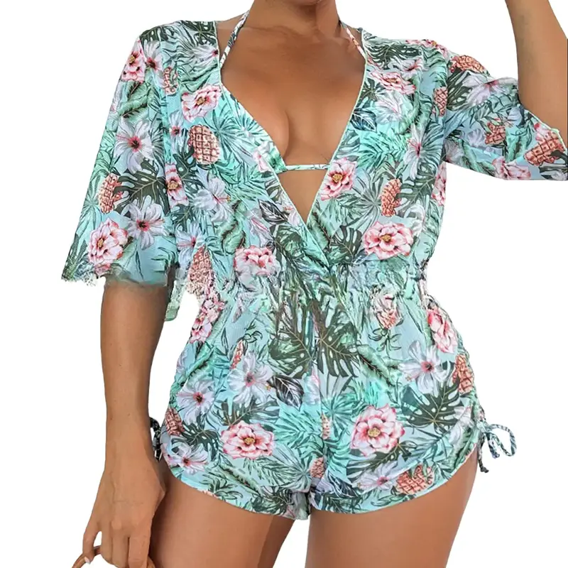 Women's 3-Piece Halter Drawstring Bikini Swimsuit, Bathing Suit with Cover-Up (Women's Swimsuits, Cover-Up Bikini Sets), Bathing Suits