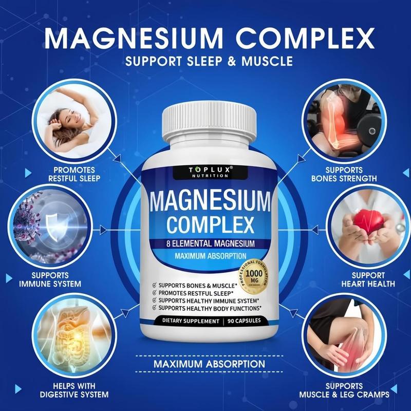 3 Bottles of Nutrition Magnesium Complex 1000mg 90 Capsules for Bone Muscle Sleep Immune Support with Malate Taurate Chelated for Easy Absorption