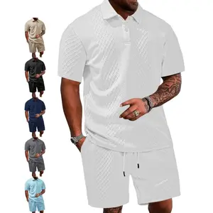 Men's Solid Polo Shirt & Drawstring Waist Shorts Set, Cozy Breathable Casual Two-piece Outfits for Daily Outdoor Wear, Men Clothes for Summer, Stylish Waffle Knit Textured Tracksuit, Relaxed Fit Beach Vacation Matching Set, Lightweight Sportswear