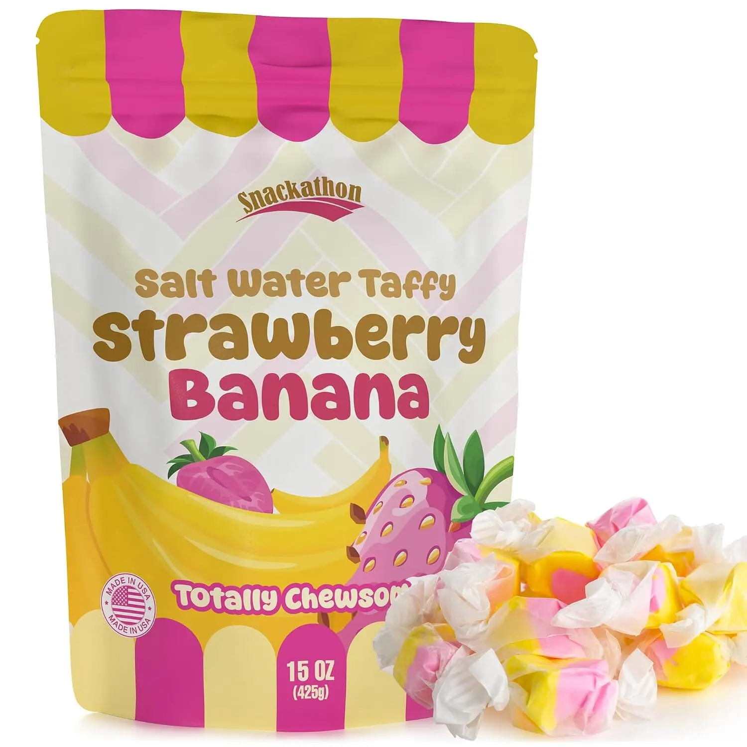 Snackathon Salt Water Taffy Single Flavor, Strawberry Banana, Bulk Individually Wrapped Gourmet Candy, Soft & Chewy Sweet Treats, 15 oz Resealable Bag