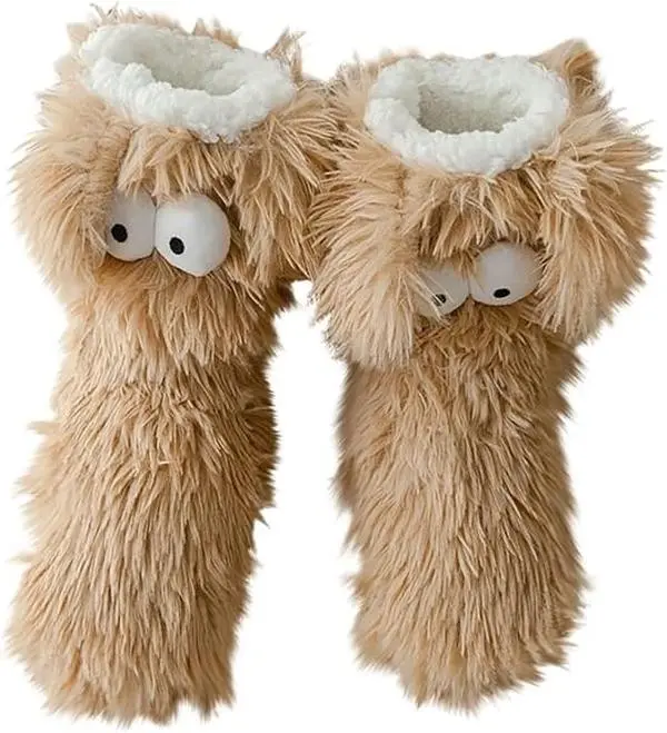 Women's Fluffy Plush Animal Slipper Socks - Non-Slip Sole, Thick Fleece-Lined Shaggy Indoor House Shoes with Cute Ears, Cartoon Eyes for Winter Lounging, Bedroom, Holiday Gifts