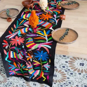 Black with Multicolor Otomí Hand-Embroidered Table Runner