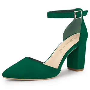 BLISSFUL STEP Block Heels Ankle Strap Pointed Toe Pumps
