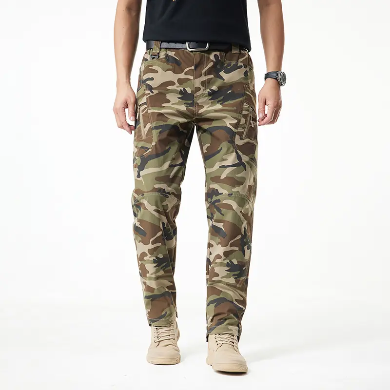 Tactical camouflage cargo pants, heavy-duty slim fit made from polyester fiber, multi-pocket design suitable for outdoor work, crafted from abrasion-resistant fabric with large-capacity pockets, ideal for spring and summer wear.
