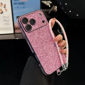 Luxury Glitter Diamond Case For iPhone 17 Series Rhinestone Camera Hard Cover Phone Case With Wrist Strap For iPhone 17 17Pro 17ProMax