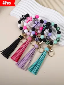 Sweet Style Beaded Keychain Set for Women, Multicolor Fringe Silicone Key Ring, Fashionable and Practical Gift for Friends and Mom
