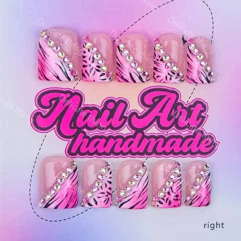Delicatething Y2K Style Nail Set Nail Art Products, Handmade Square Duckbill Nails, Nail Design, Rhinestone Embellished, 4 Sizes XS S M L, Perfect Gift for Girls, Includes Jelly Glue Crystal Stick
