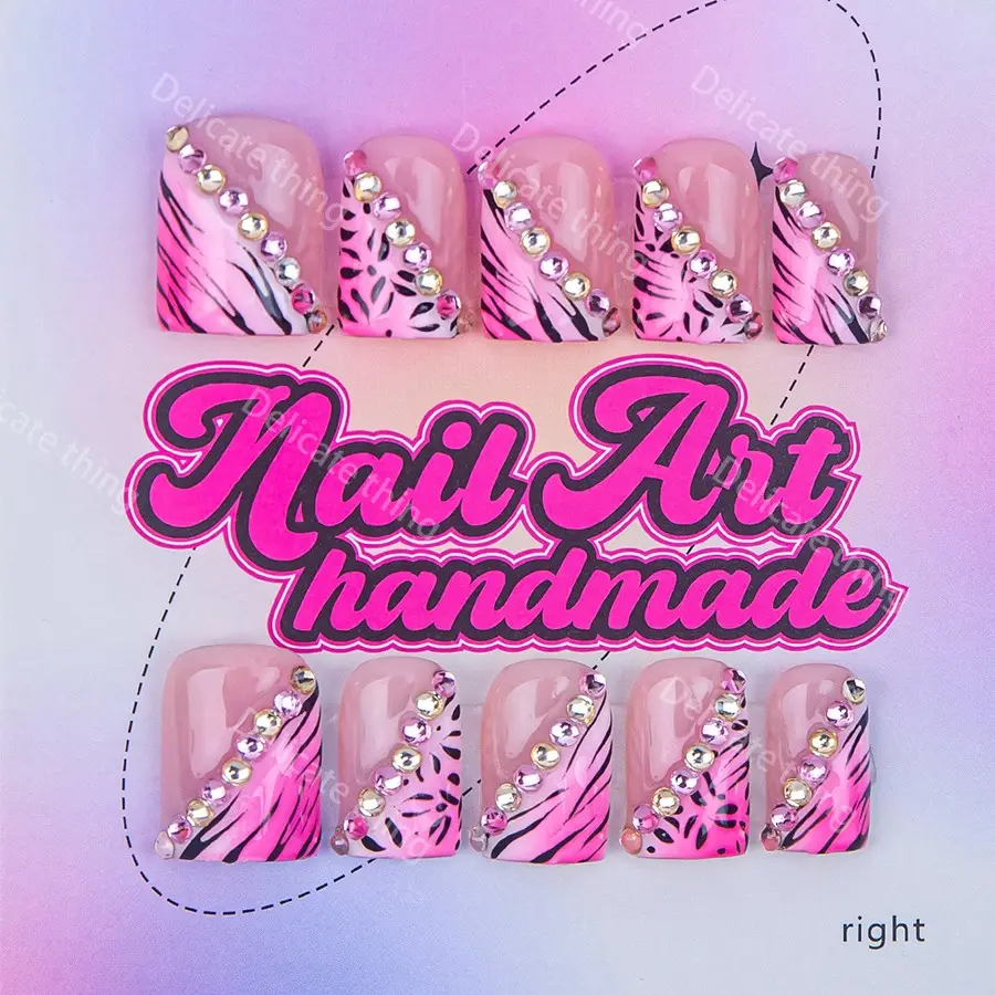 Delicatething Y2K Style Nail Set Nail Art Supplies, Handmade Square Duckbill Nails, Nail Design, Rhinestone Embellished, 4 Sizes XS S M L, Perfect Gift for Girls, Includes Jelly Glue Crystal Stick