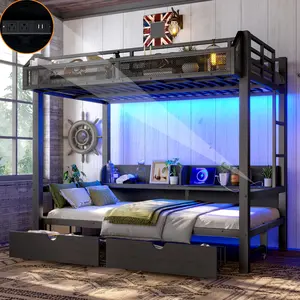 Twin over Twin Bunk Bed with Storage Drawers and Shelves, Metal Bunk Beds with Lights and USB Ports, Convertible Lower Bunkbed for Guests, Bedroom, Dorms, Multi-function and Noise-free, Black