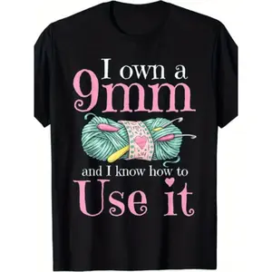 Funny Crochet Yarn Lover T-Shirt - "I Own a 9mm & Know How to Use It" Graphic with Yarn & Hook Design - Unisex Retro Crochet Enthusiast Gift, 220gsm Heavyweight Tee for Men & Women, All-Season Casual Wear for Knitting & Crocheting Events