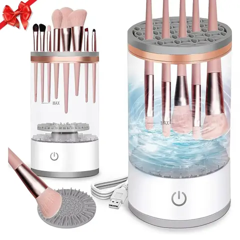 3-in-1 Electric Brush Cleaner - Portable USB Spinning Cleansing Tool with Silicone Cleaner, Waterproof Sealer, White Brushes, Lalo Gummy Bear, Anniversary Gift, Makeup Bag (Single Item, Stress Relief, Durable ABS Plastic, 24-Month Use)